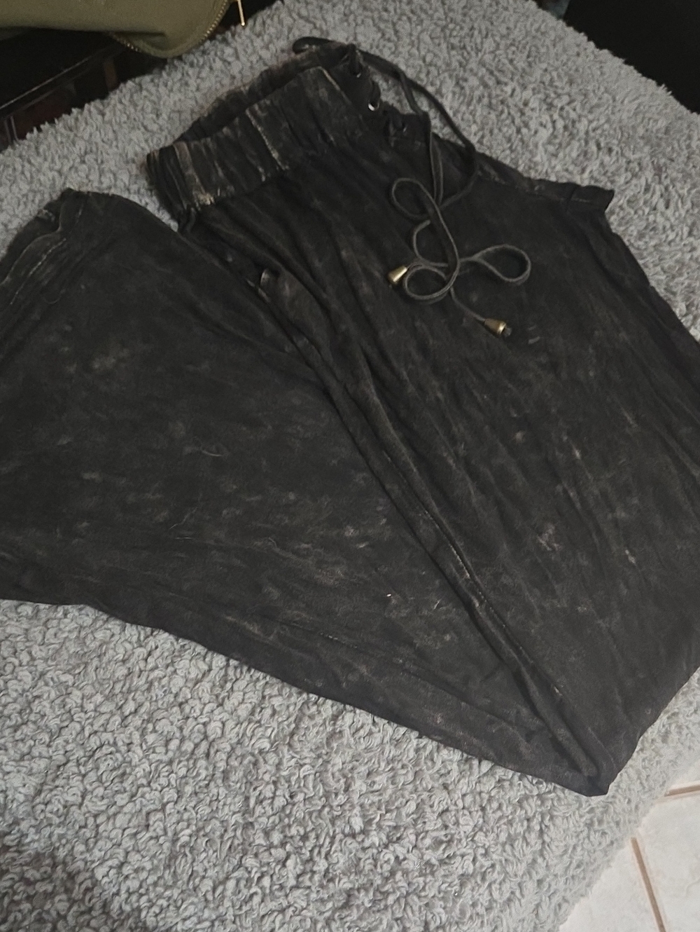 Women's Black Drawstring Boho-style Wide Leg Pants-Size XL